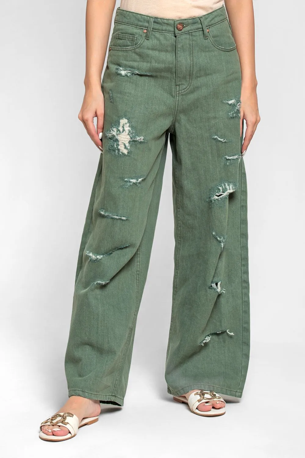 Ripped & Repair Olive Jeans –For Her