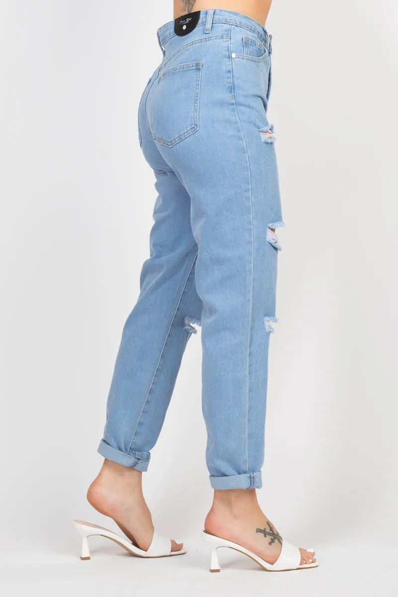 ROLLED HEM RIPPED DENIM JEANS