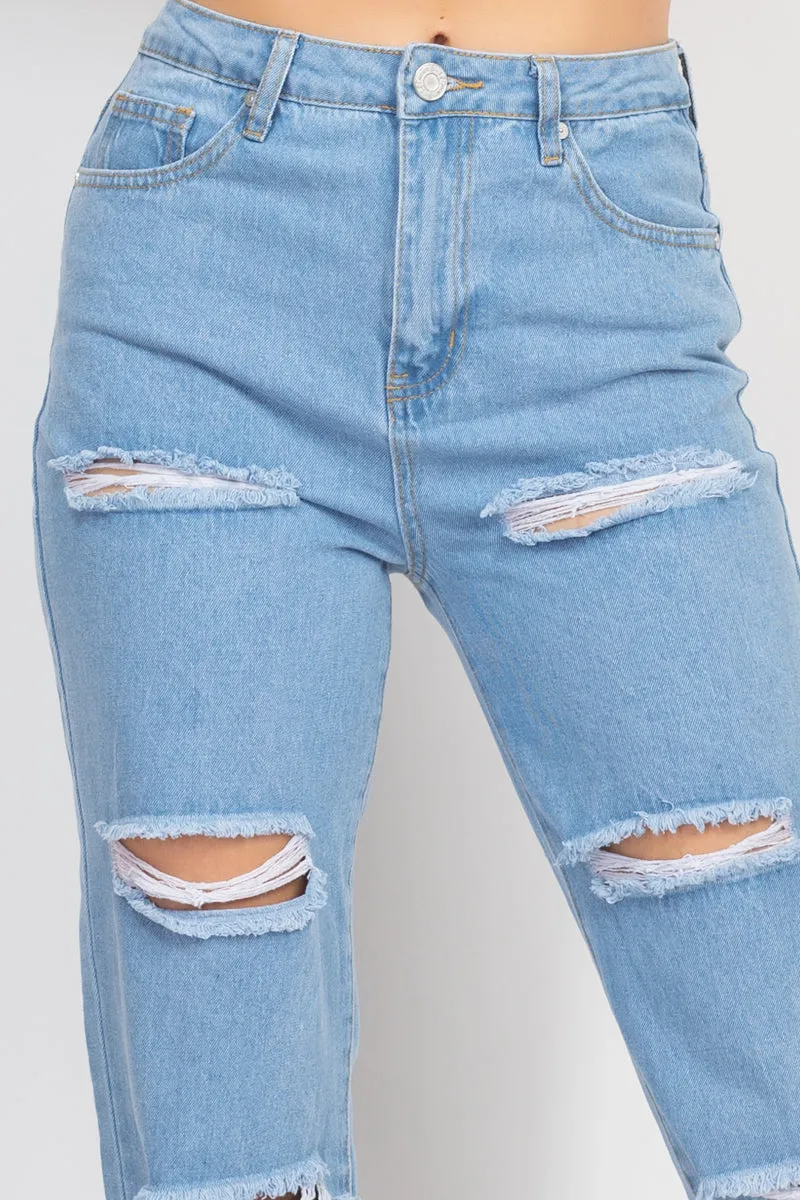 ROLLED HEM RIPPED DENIM JEANS