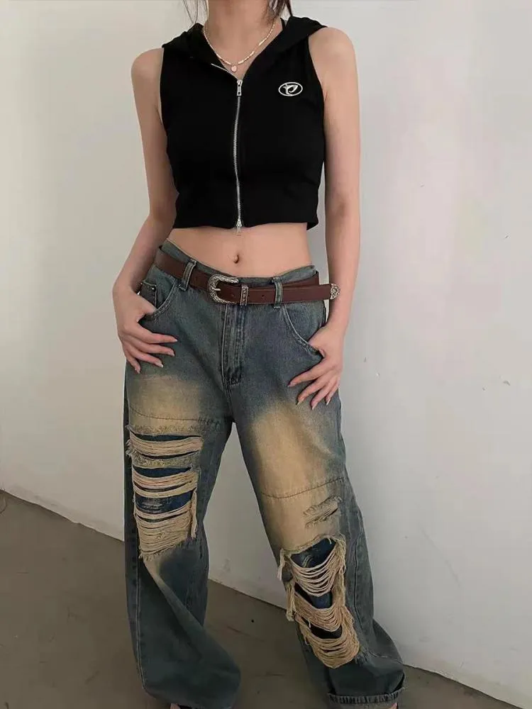 Tawaaiw Ripped Jeans For Women 2023 Summer Korean Fashion High Waist Boyfriend Jeans For Women Gothic Baggy Loose Denim Pants