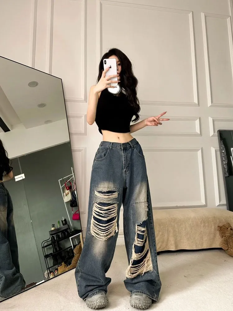 Tawaaiw Ripped Jeans For Women 2023 Summer Korean Fashion High Waist Boyfriend Jeans For Women Gothic Baggy Loose Denim Pants