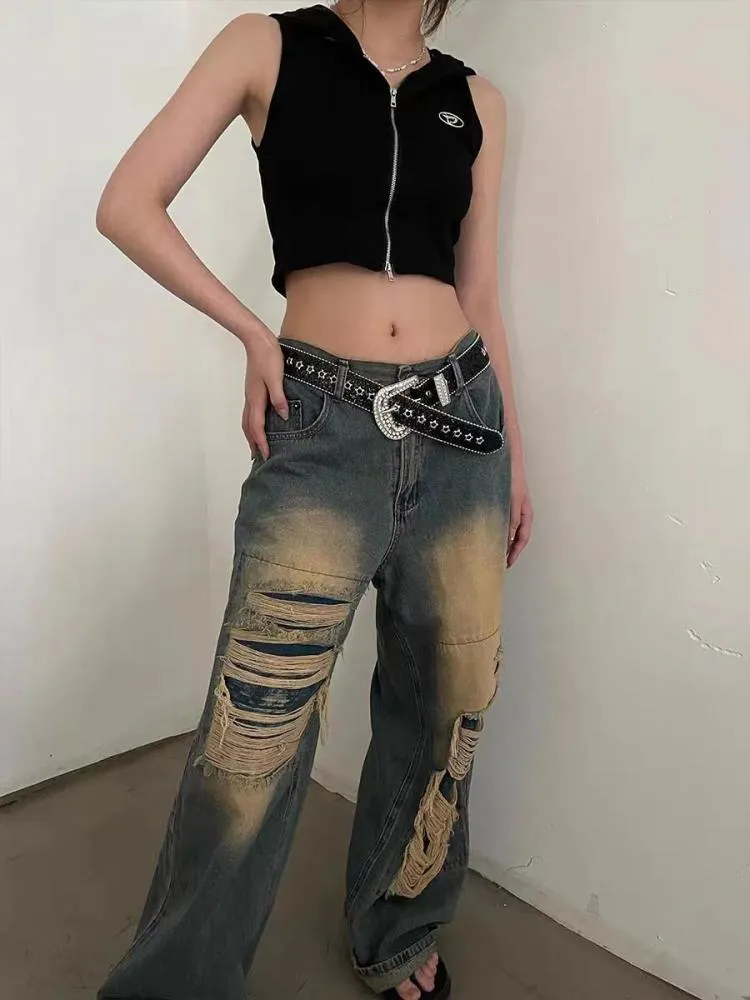 Tawaaiw Ripped Jeans For Women 2023 Summer Korean Fashion High Waist Boyfriend Jeans For Women Gothic Baggy Loose Denim Pants