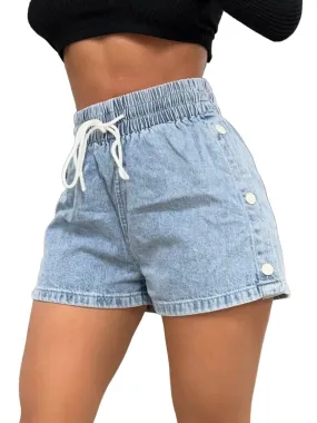 TEEK - Light Wash Drawstring High Waist Denim Shorts