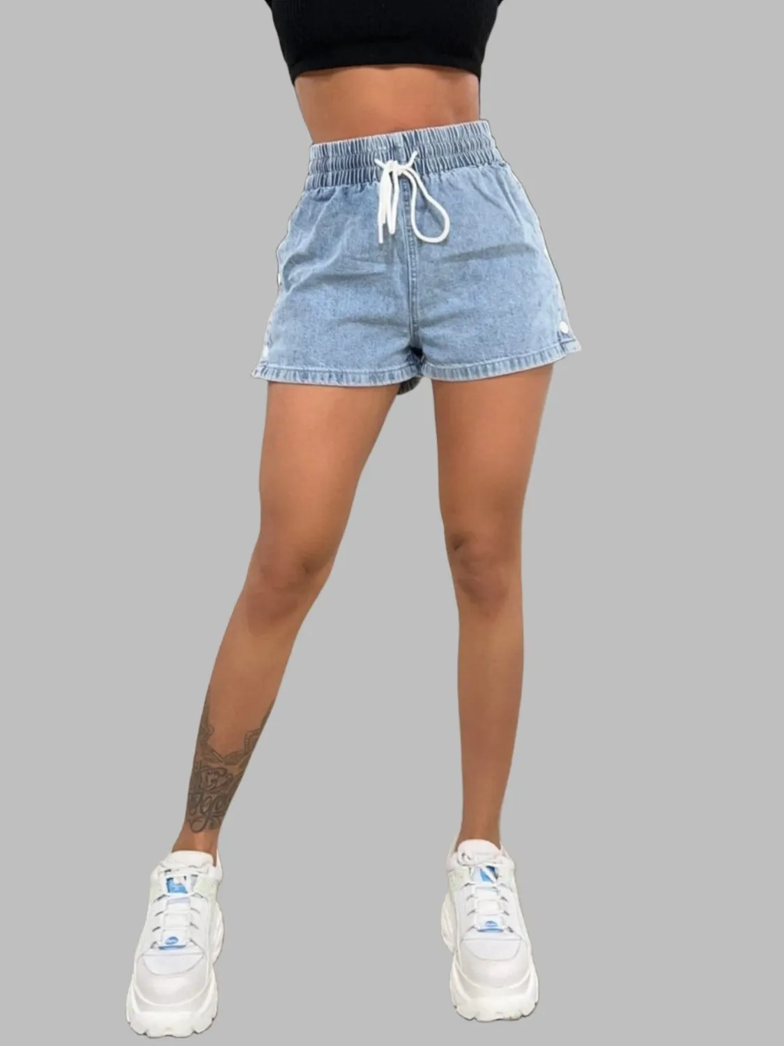 TEEK - Light Wash Drawstring High Waist Denim Shorts