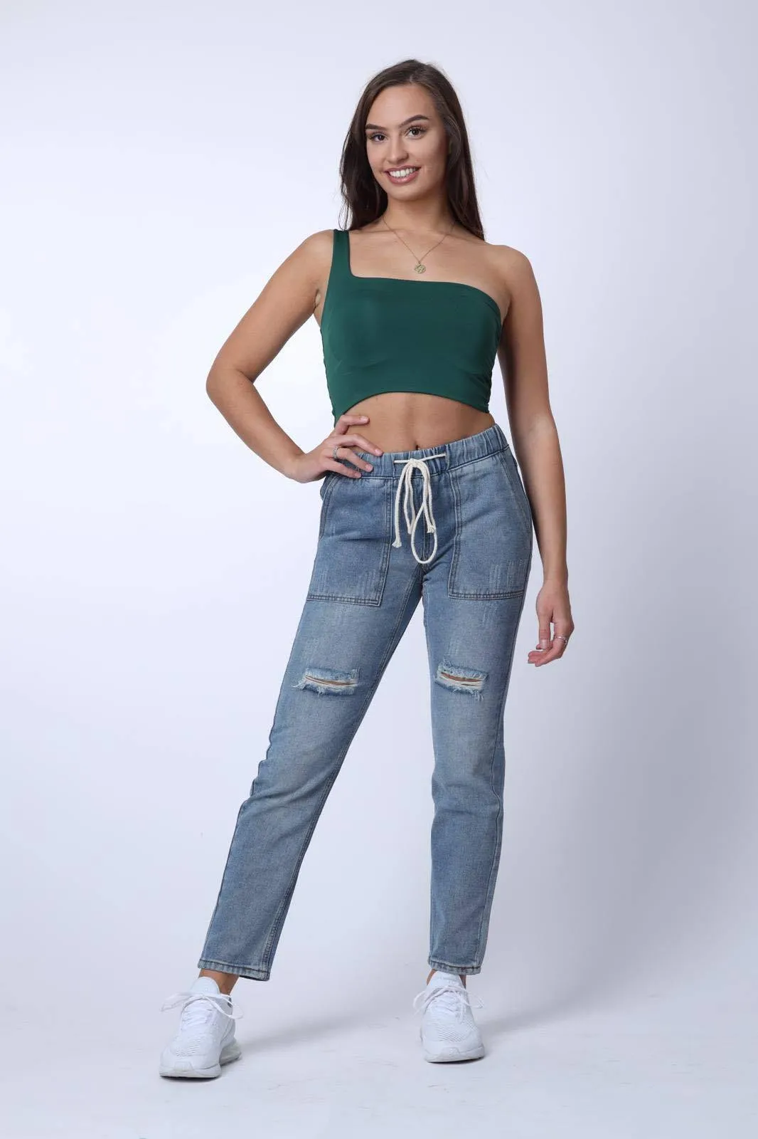 Tie Waist Ripped Jeans in Blue