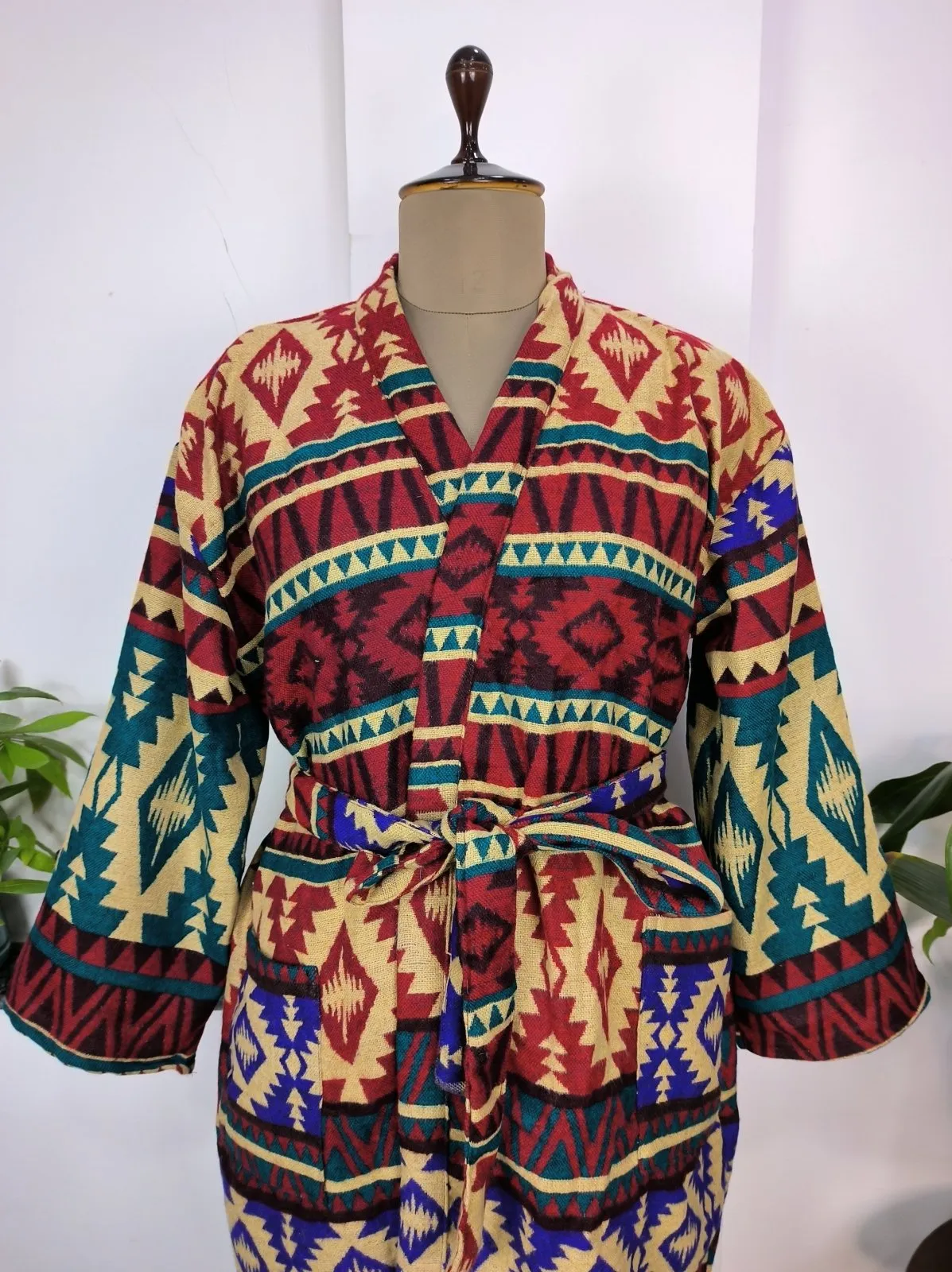 Unisex Yak Wool Blend Geometric Diamonds Kimono/Robe | Luxurious Beige Red Teal Urban Floral Print | Warm Hygge Christmas Gift for Her & Him