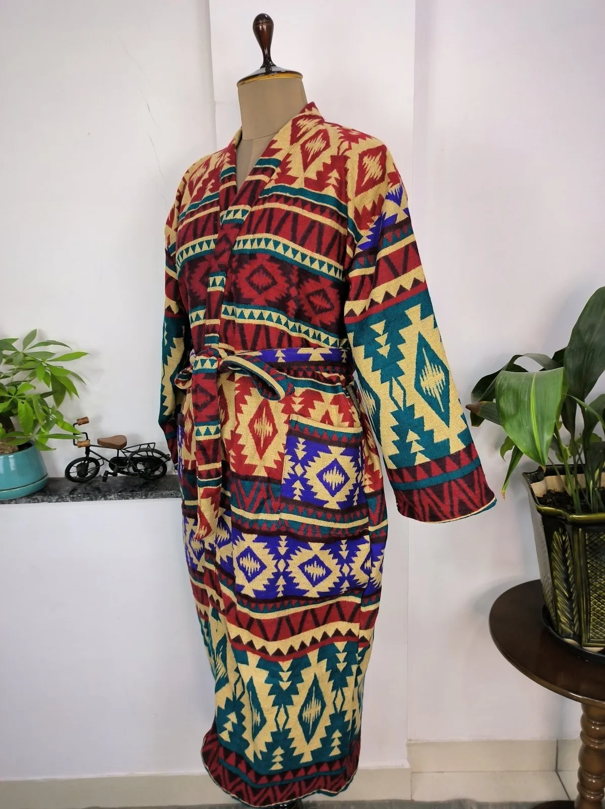 Unisex Yak Wool Blend Geometric Diamonds Kimono/Robe | Luxurious Beige Red Teal Urban Floral Print | Warm Hygge Christmas Gift for Her & Him