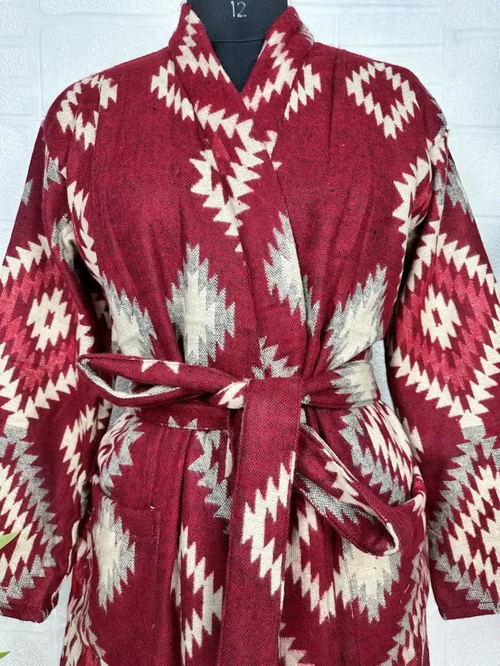 Unisex Yak Wool Blend Geometric Diamonds Kimono/Robe | Luxurious Red Beige Teal Urban Floral Print | Warm Hygge Christmas Gift for Her & Him