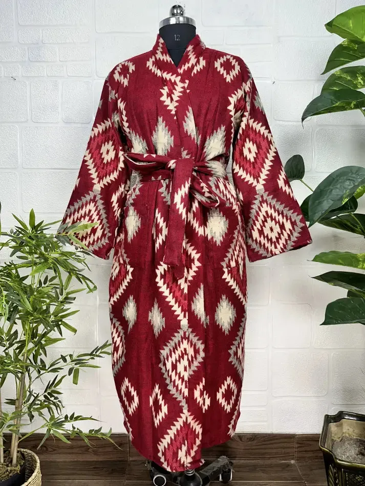 Unisex Yak Wool Blend Geometric Diamonds Kimono/Robe | Luxurious Red Beige Teal Urban Floral Print | Warm Hygge Christmas Gift for Her & Him