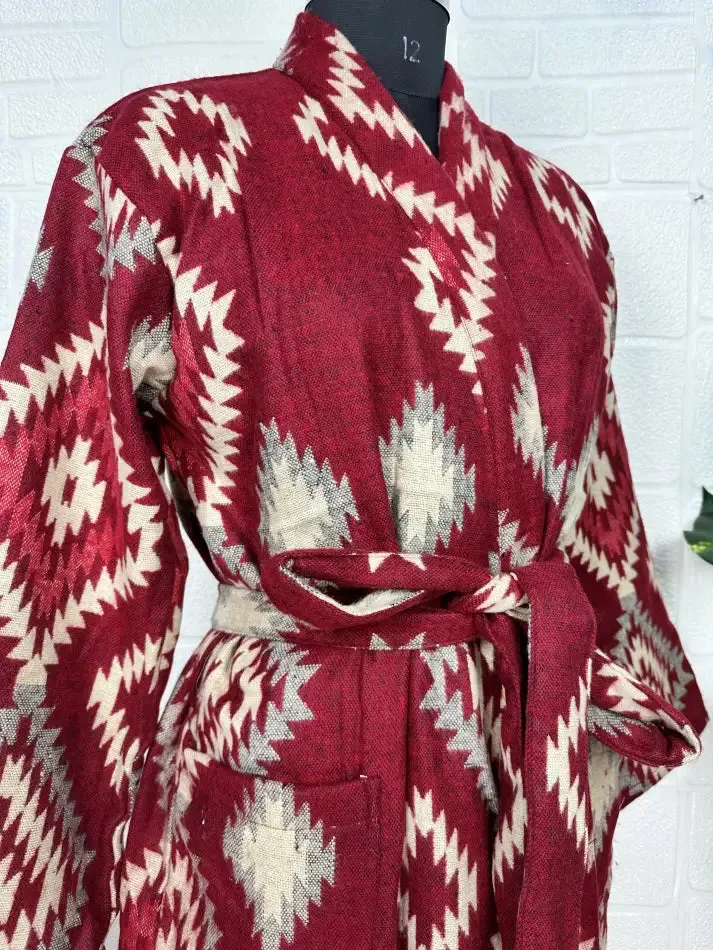 Unisex Yak Wool Blend Geometric Diamonds Kimono/Robe | Luxurious Red Beige Teal Urban Floral Print | Warm Hygge Christmas Gift for Her & Him