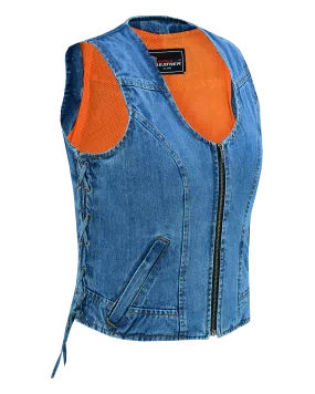 VB1042 Women's Blue Denim V Neck Vest with Zipper & side laces