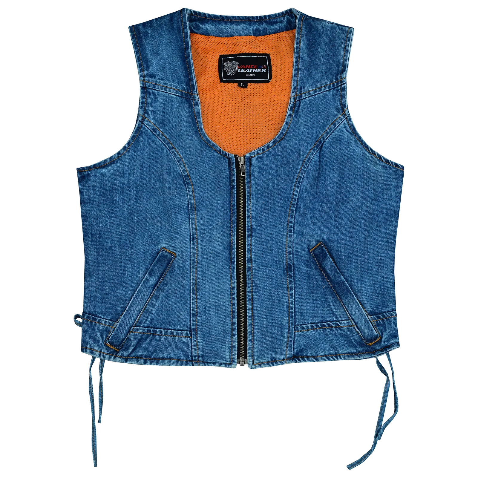 VB1042 Women's Blue Denim V Neck Vest with Zipper & side laces