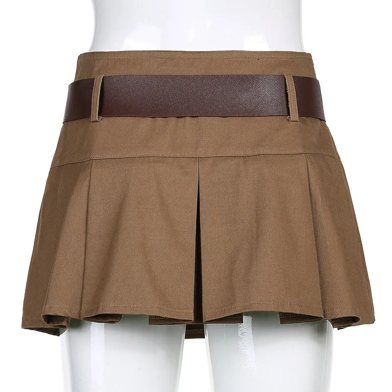 Wjczt Indie Aesthetics Low Waist Pleated Skirts 90s Fashion Cute A-line Brown Skirt Y2K Vintage Streetwear Micro Bottoms