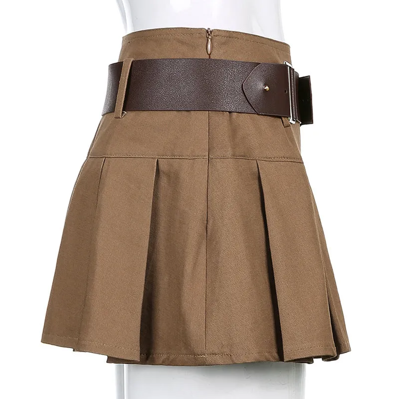 Wjczt Indie Aesthetics Low Waist Pleated Skirts 90s Fashion Cute A-line Brown Skirt Y2K Vintage Streetwear Micro Bottoms