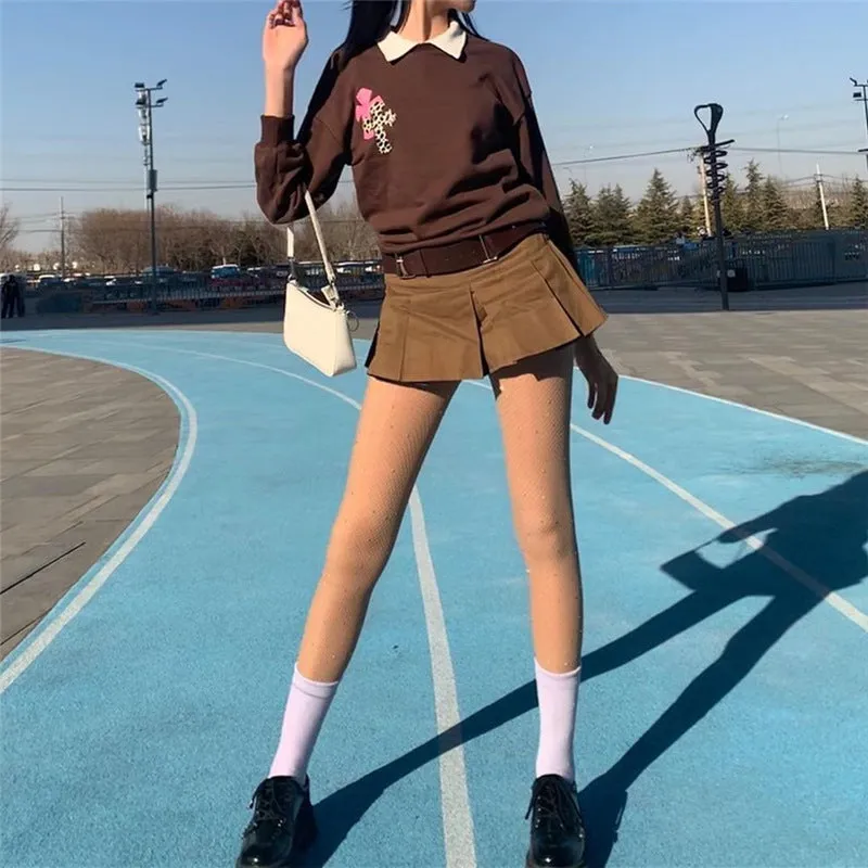 Wjczt Indie Aesthetics Low Waist Pleated Skirts 90s Fashion Cute A-line Brown Skirt Y2K Vintage Streetwear Micro Bottoms