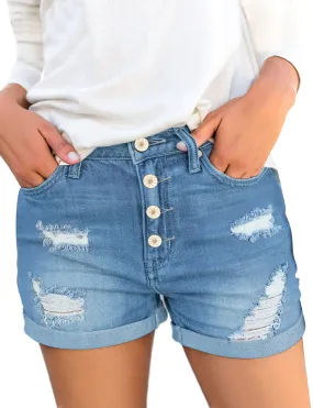 Women High Waisted Denim Shorts Ripped Button Fly Cuffed Jean Shorts