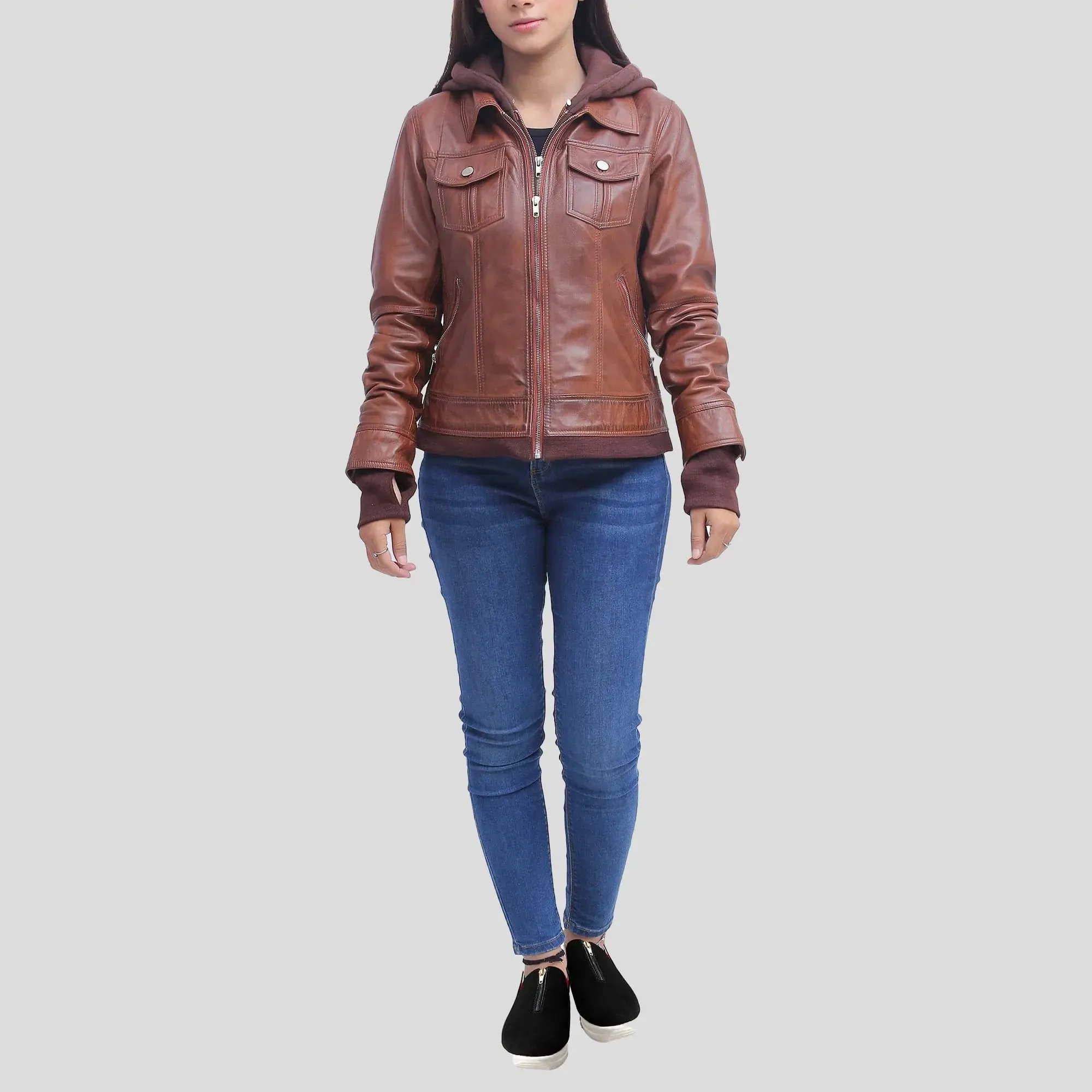 Women's Tan Leather Jacket With Detachable Hood