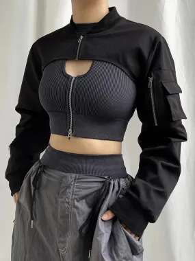 Zip Up Stand Collar Long Sleeve Black Cropped Jackets Women Pocket Safari Style Streetwear